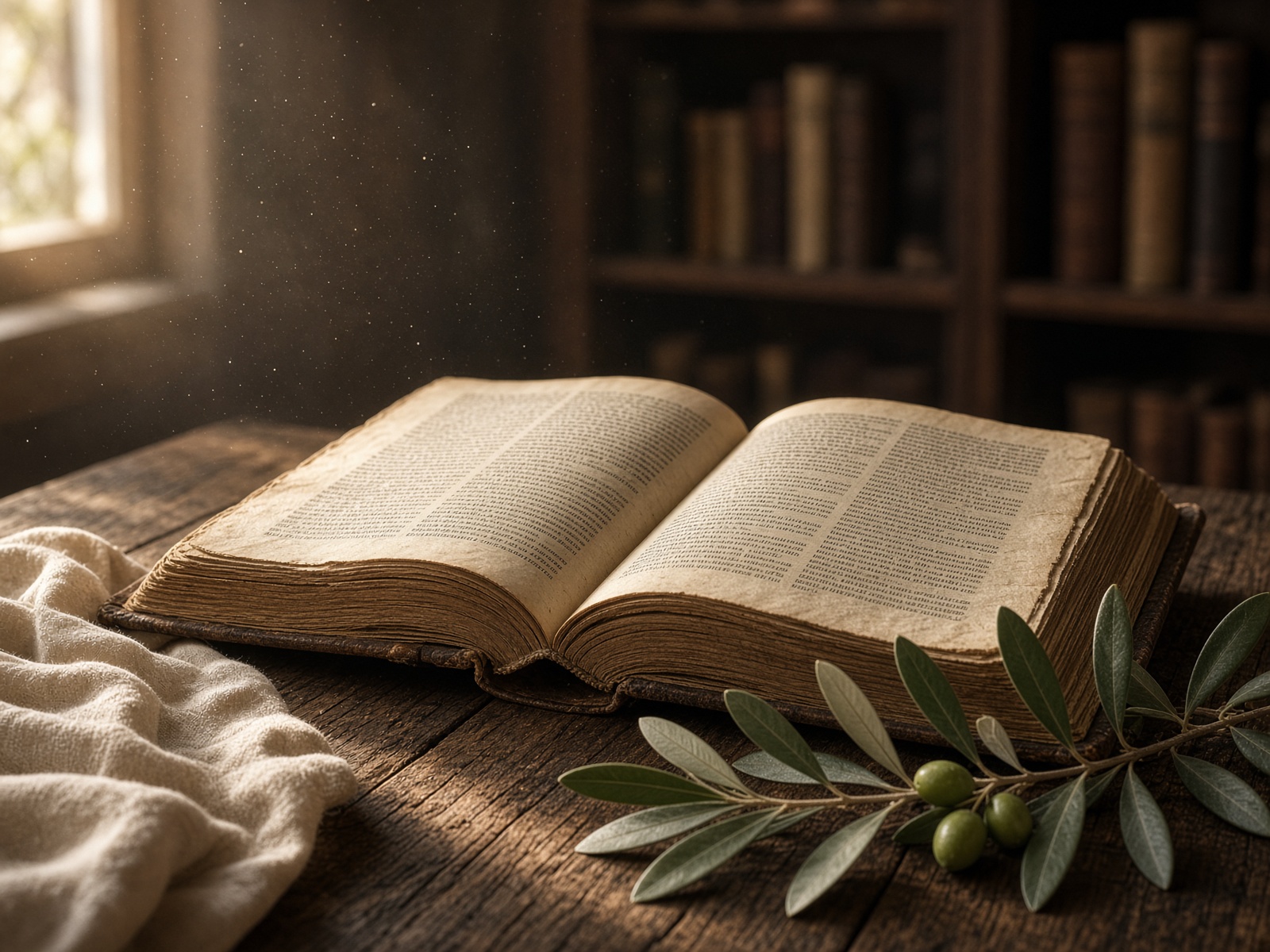Open Bible and olive branch on a wooden table